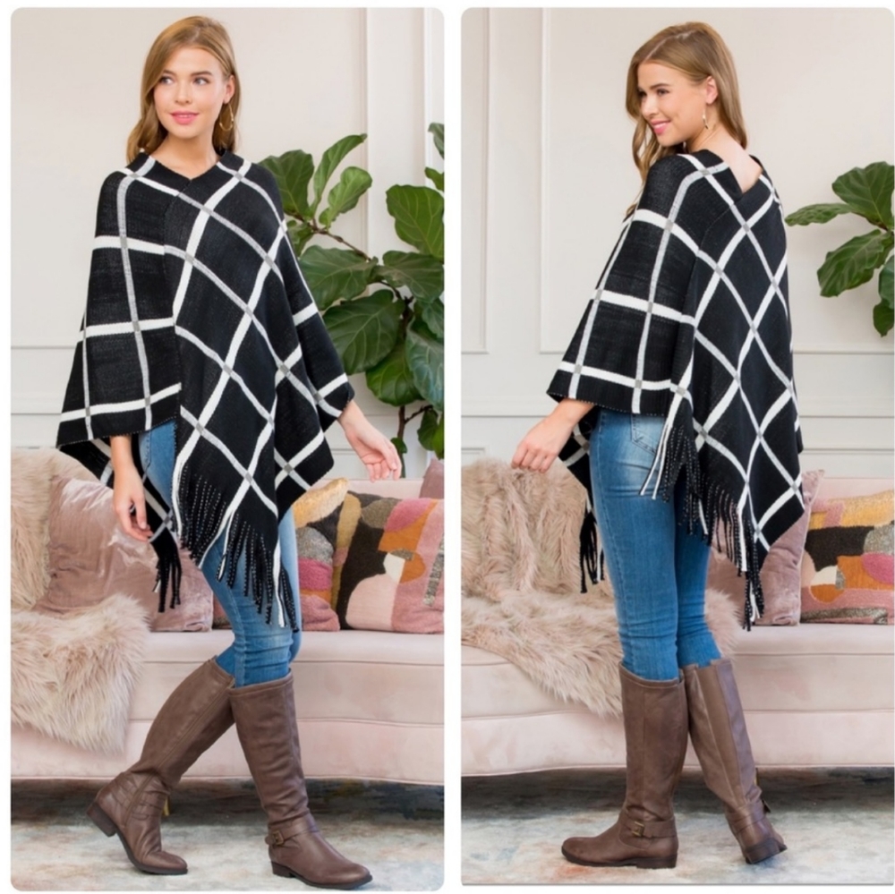 10. Black & White Striped Knit Fringe Poncho
